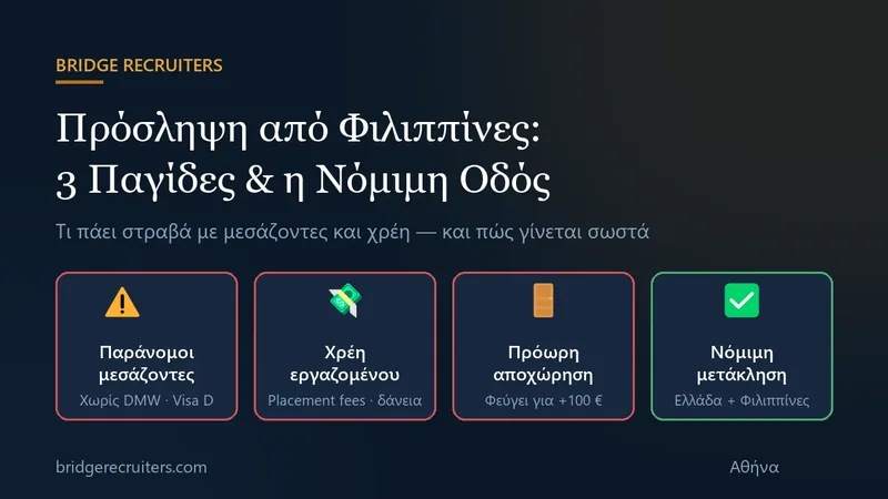 Γραφικό Bridge Recruiters: οι 3 παγίδες στην πρόσληψη από Φιλιππίνες (παράνομοι μεσάζοντες, χρέη εργαζομένου, πρόωρη αποχώρηση) και η νόμιμη μετάκληση